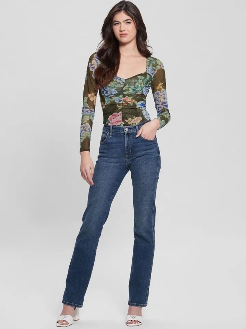 Guess Olive Green Sheer Floral Mesh Blouse with Pink and Blue Flowers